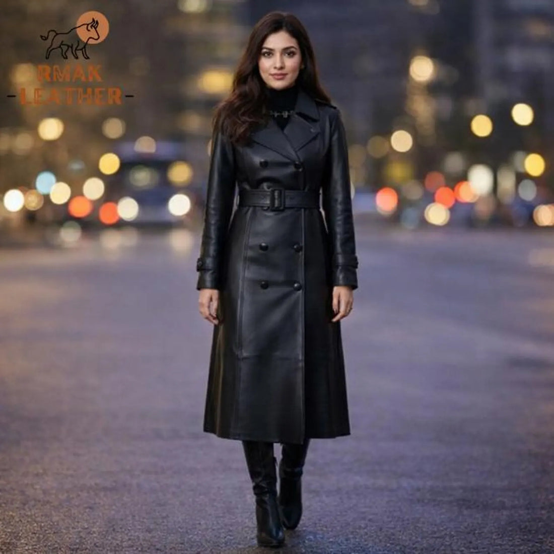 Handmade Black Leather Trench Coat