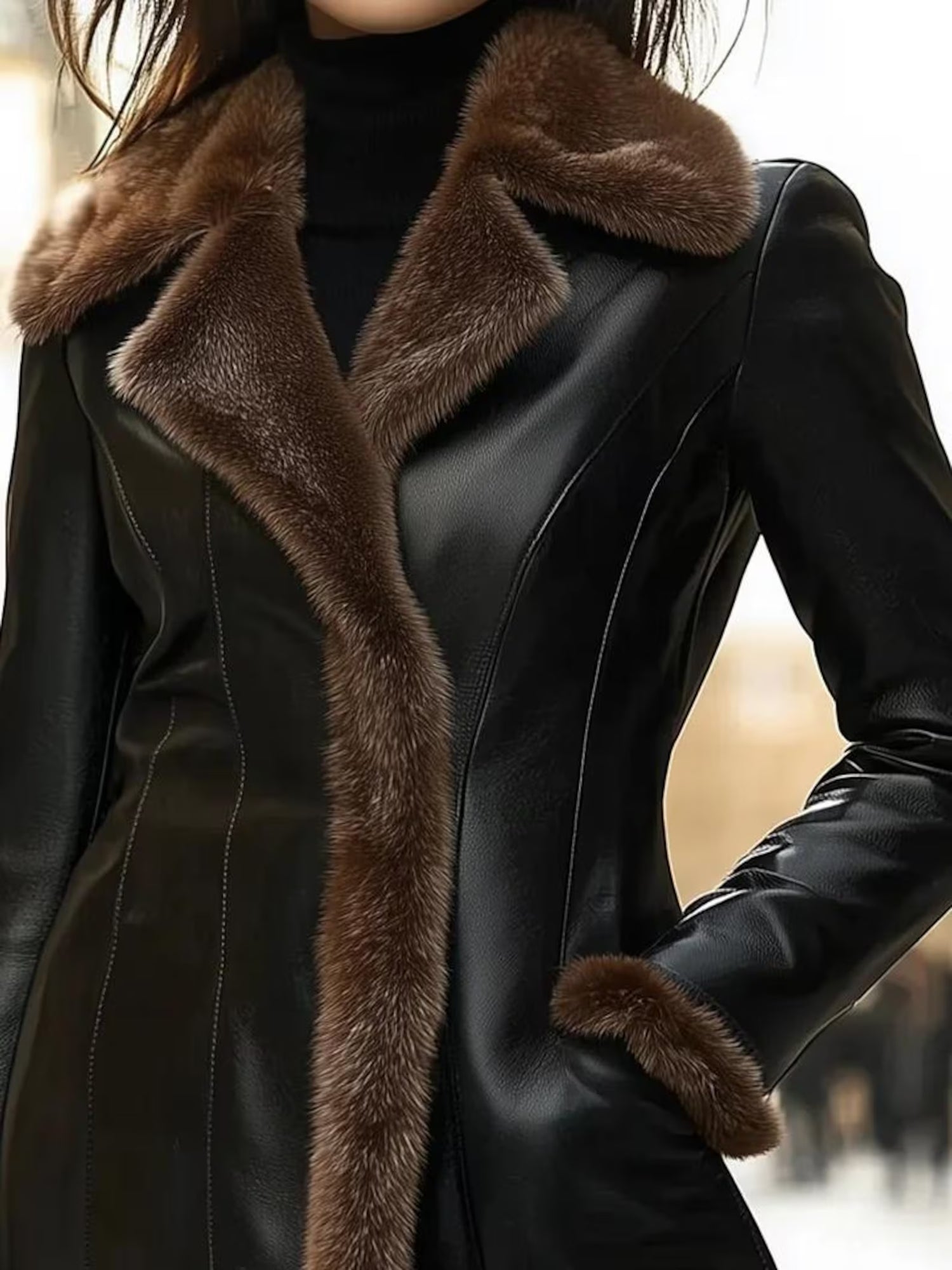 Handmade Women’s High-Quality Cow Leather Brown Coat with Fur Trim