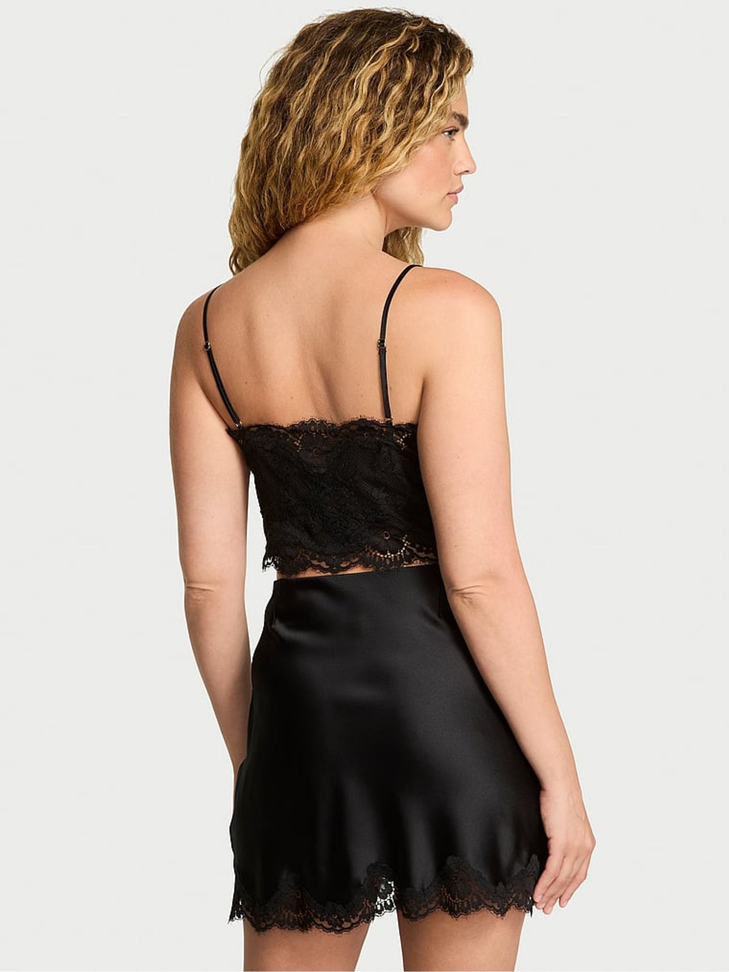 Premium Lingere - Black Satin Lace Cami and Mini Skirt Set