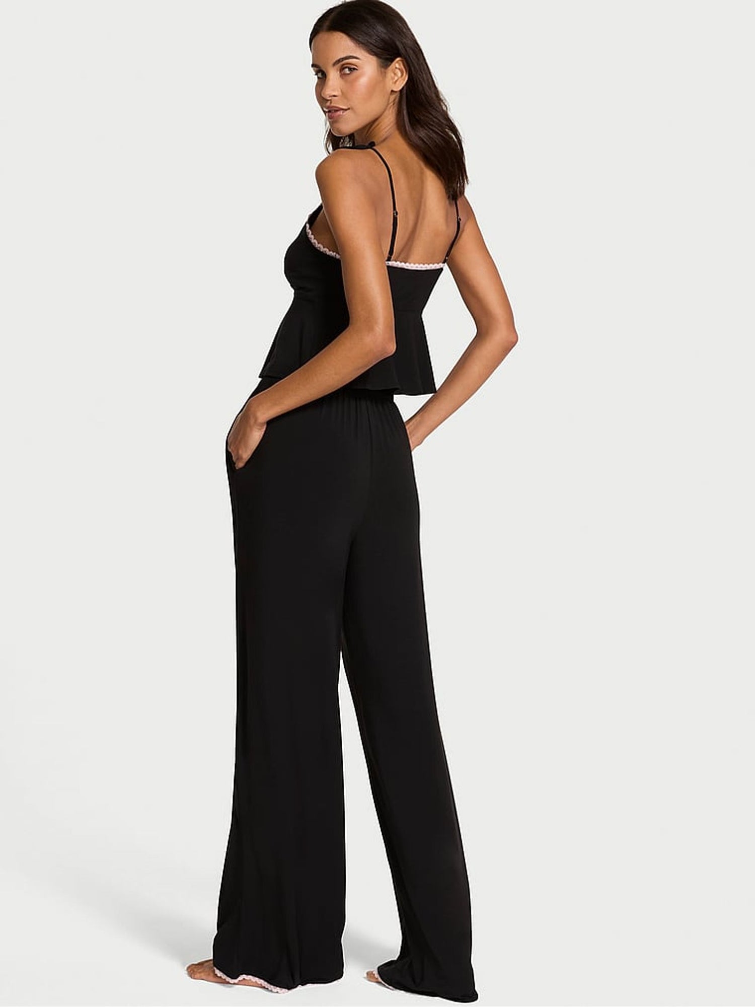 Premium Lingere - Black Bow Modal Cami &amp; Wide Leg Trousers Set