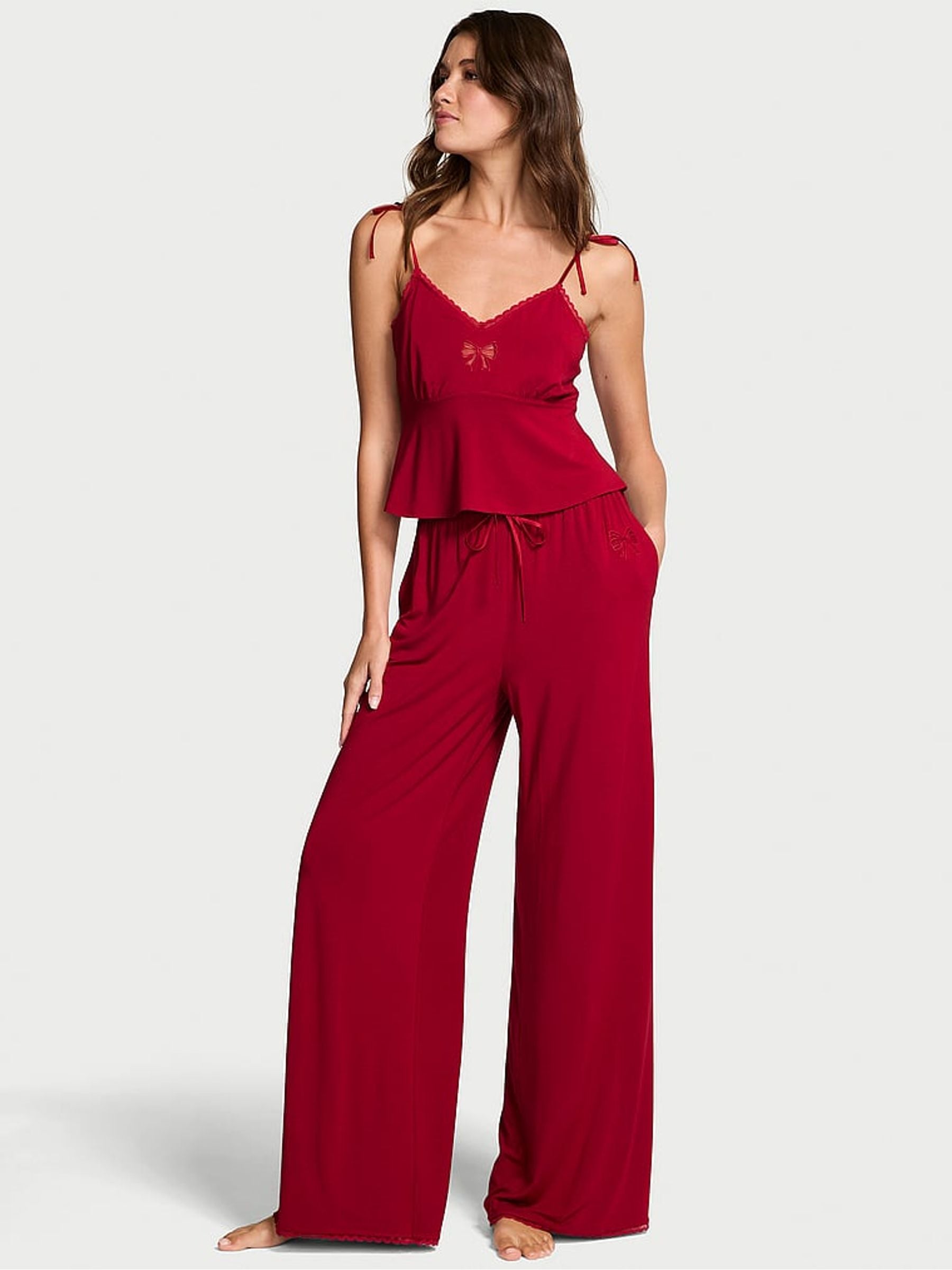 Premium Lingere - Red Bow Modal Cami &amp; Wide Leg Trousers Set