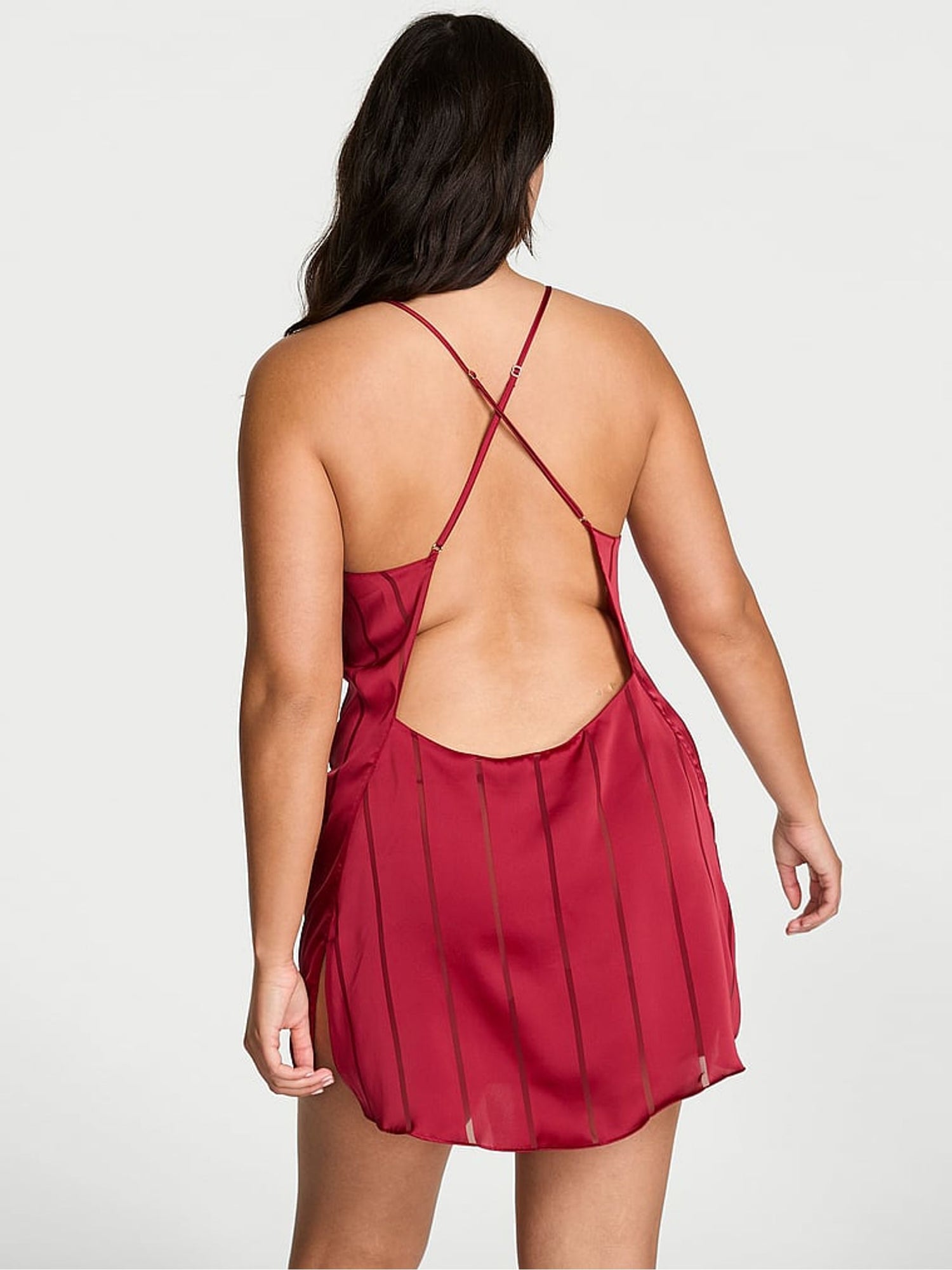 Premium Lingere - Red Lacquer Satin Sheer Stripe Open Back Slip Dress