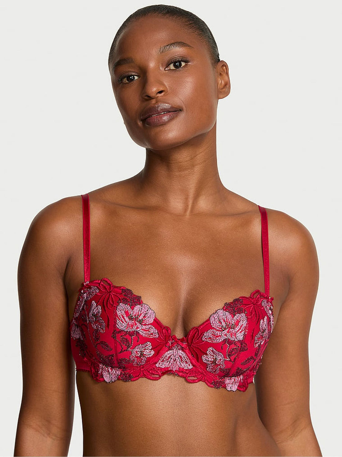 Premium Lingere - Red Lightly Lined Demi Beautiful Bows Embroidery Bra