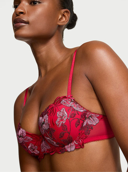 Premium Lingere - Red Lightly Lined Demi Beautiful Bows Embroidery Bra