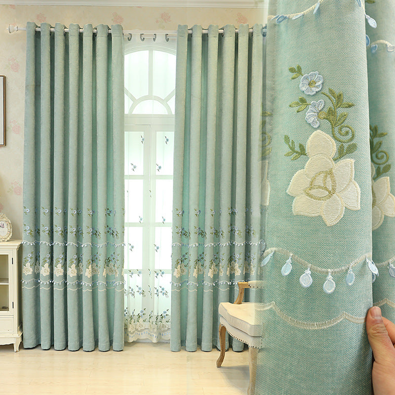 Small Flower Embroidered Window Curtain For bedroom | Green Blackout Curtains Window ( 56''W x 96''L - 1x Curtain Pannel,1x Sheer ). - NextMamas